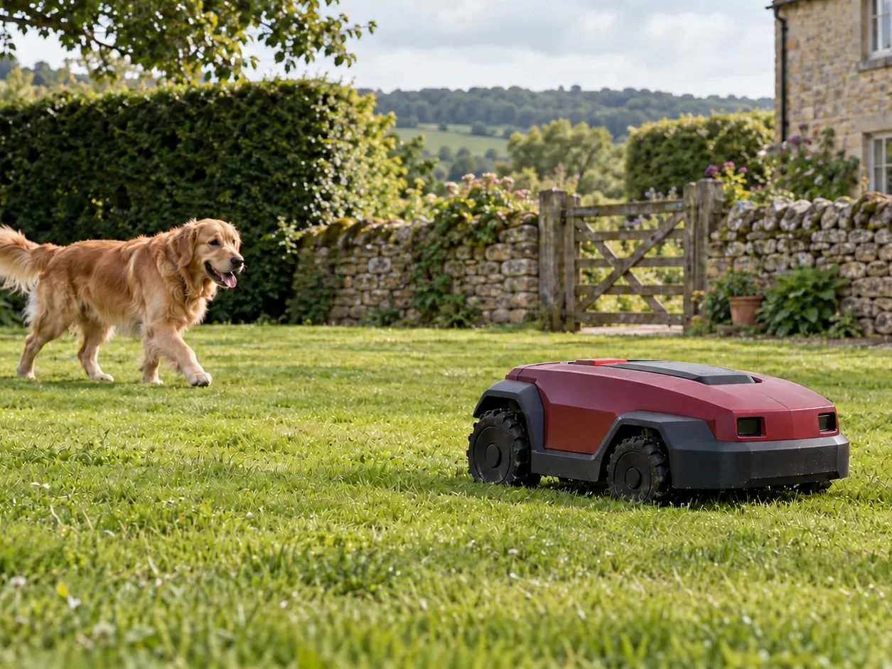 A golden retriever walking across a lawn near a red robot mower