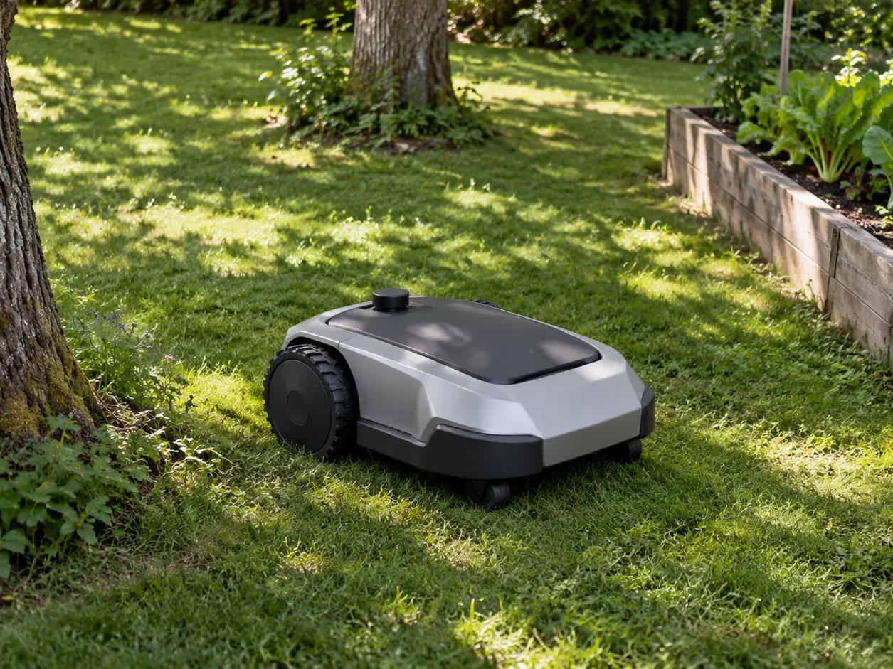 A robot mower with a small antenna mowing between trees
